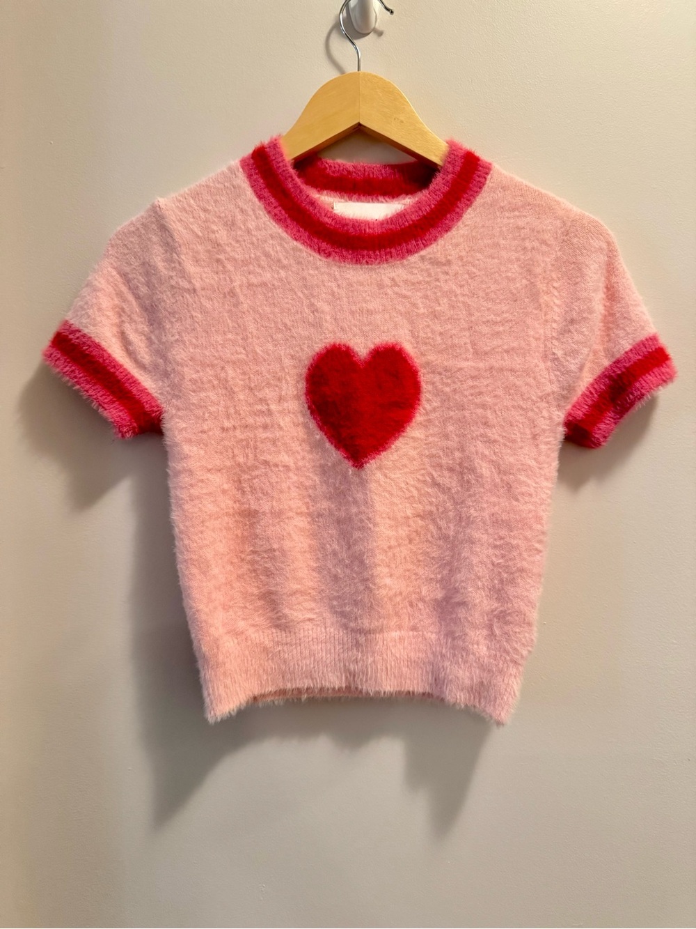 Pink Rose Fuzzy Heart Print Ultra Soft Tee Size S